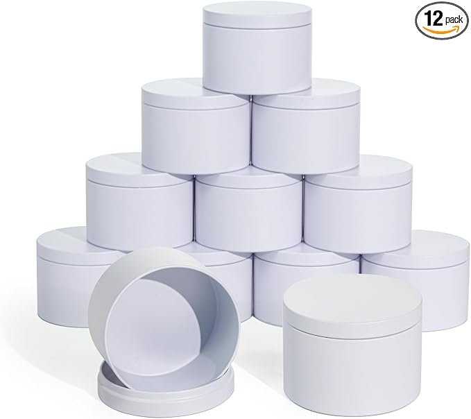 Tins With Lids, 3 Wicks Containers 12 Pack 14oz/420ml Seamless Bulk for Candle Making Supplies Wholesale Empty Jars - White