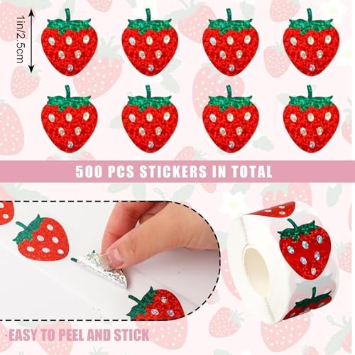 Strawberry Stickers,500Pcs Red Glitter Laser Strawberry Decals for Kids Fruit Themed Party Decor Scrapbooking Card Making Gift Wrapping Classroom Rewards