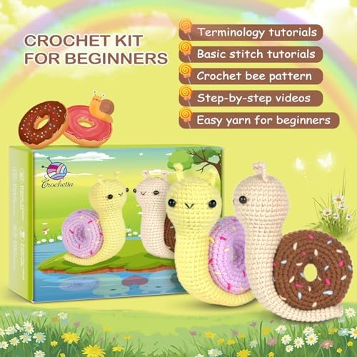 Crochetta Crochet Kit for Beginner, Crochet Starter Kit w Step-by-Step Video Tutorials, Learn to Crochet Kits for Adults & Kids, DIY Knitting Supplies, 2-Pack Snail Couple (40%+ Yarn Content)