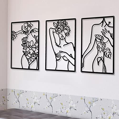 CHENGU 3 Pieces Metal Minimalist Abstract Woman Wall Art Line Drawing Wall Art Decor Single Line Female Home Hanging for Kitchen Bathroom Living Room