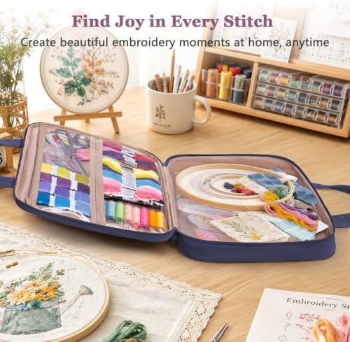Puffy Embroidery Project Bag, Quilted Embroidery Floss Organizer for Hoops up to 11", Cross Stitch Project Storage Case for Needlepoint Project, Thread & Stitch Tools