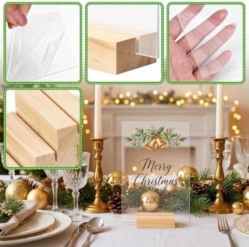 Bercoor 10 Pack 4x6 Inch Blank Clear Acrylic Sign with Wooden Stands, Rectangle Top Acrylic Sheet, DIY Acrylic Rectangle Table Numbers for DIY Name Card Gifts Event Party Sign Decoration