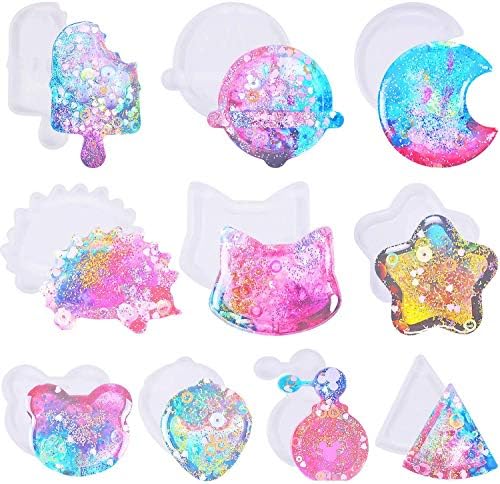 Larcenciel 15pcs Resin Casting Shaker Molds Set, 10pcs Epoxy Quicksand Silicone Molds with 5pcs PVC Sheets, Resin Shaker Mold for Pendant Jewelry Keychain Decoration Craft Making DIY