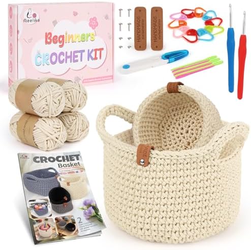 Aeelike Crochet Basket Kit for Beginner,White Round Basket,Gift Box Package