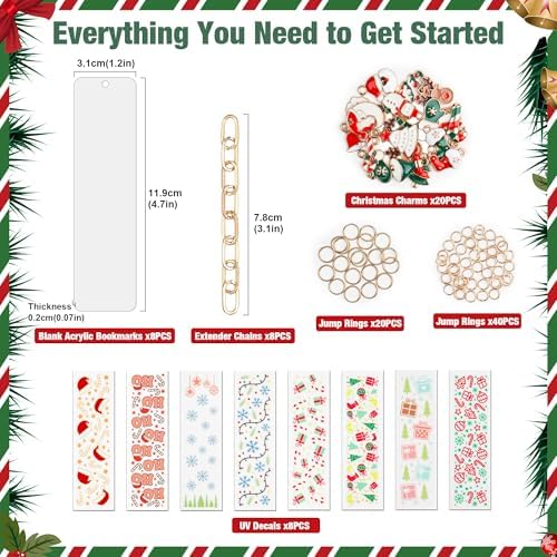 100PCS Acrylic Bookmark Blanks(2mm) Thicken 6 DIY Bookmark Making 8 Christmas UV DTF Sticker 20 Christmas Charms 6 Extender Chains and 60 Jump Ring Suitable for DIY Crafts Gifts