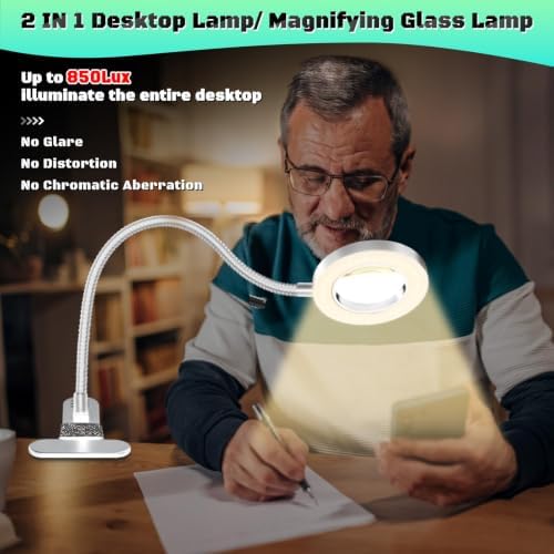 10X Magnifying Glass with Light and Stand,Hands Free Clip on Magnifier Lamp