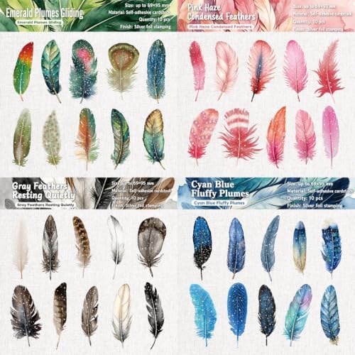 60 Pcs Silver Foil Feather Stickers, 6 Packs Cardstock Plumes
