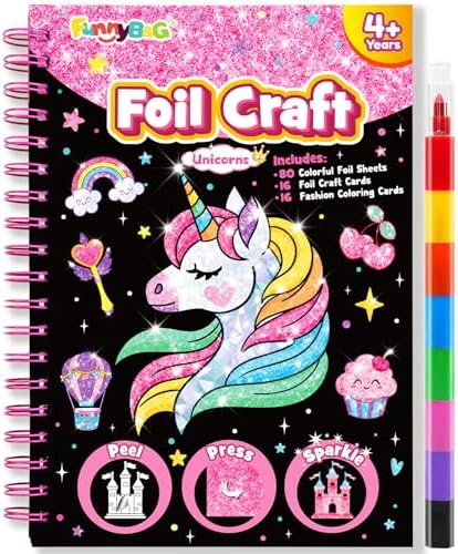 FUNNYB&G Foil Art Craft Kit for Kids, Sparkly Birthday Gift Toy for Girls | No Mess, Kids Ages 4-10 Create Sparkling Artwork, A Creative Gift for Birthdays, Holidays, Travel Activities,Screen-Free Fun