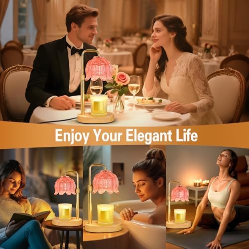 XJZJY Pink Flower Candle Warmer Lamp with Timer, Birthday Gifts for Women | Dimmable wax melt warmer with 2 bulbs for jar candles, height adjustable, lotus flower lamp, home decor, housewarming gift