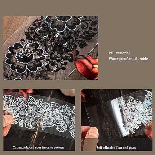 Primst 5 Rolls Washi Tape Lace Pattern Self-Adhesive Tape, White Black Floral Washi Silver Aesthetic Lace Tapes for Scrapbooking DIY Art Journaling Craft Gift Wrapping