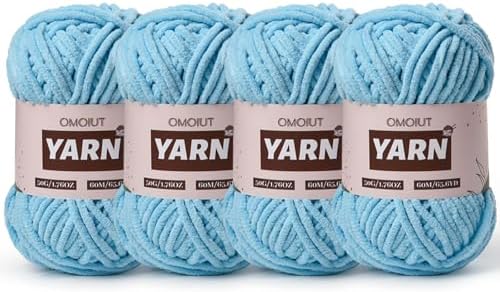 4 Packs Plush Chenille Chunky Crochet Yarn - Baby Yarn for Crocheting Soft - Velvet Yarns Knitting for Blankets Crafts - Fluffy Amigurumi Yarns 200g/262.5yds (4 Azure)