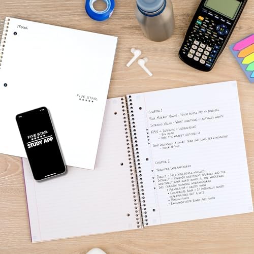 Five Star Spiral Notebook + Study App, 5 Subject, College Ruled Paper, 8-1/2" x 11", 200 Sheets, Fights Ink Bleed, Water Resistant Cover, White (72460)