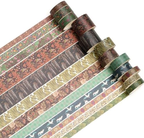 12 Rolls Chinoiserie Washi Tape Set Chinese Arts Adhesive Tapes Geometric Garden Decorative Masking Tape Sets for Craft, Kids, Scrapbook, DIY, Gift Wrapping (Almond Blossom Ridge)