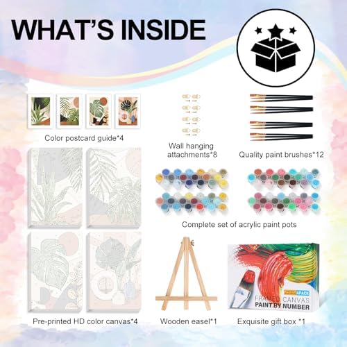 4 Pack Framed Paint by Numbers Kit for Adults with Wooden Easel, Plant | With Frame, Botanical DIY Acrylic Painting, For Adults Beginner, Stress Relief Craft Kits, Home Wall Decor Gift, 8x12 IN