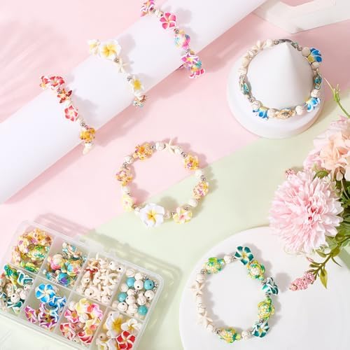 SUNNYCLUE 1 Box 159Pcs DIY 6 Sets Bracelet Making Kits Plumeria Flower Beads Polymer Clay Hawaiian Flowers Starfish Sea Turtle Beach Ocean Summer Beads for Jewelry Making Kits Adult Women Gifts