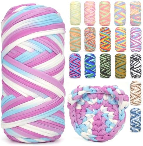 Tshirt Yarn for Crocheting,Rainbow T Shirt Chunky Elastic Fabric Thick T-Shirt Crochet Yarn for Beginners Crocheting Hand Knitting Bag/Basket/Coasters/DIY Crafts/Home Decor 200G-Purple White Blue