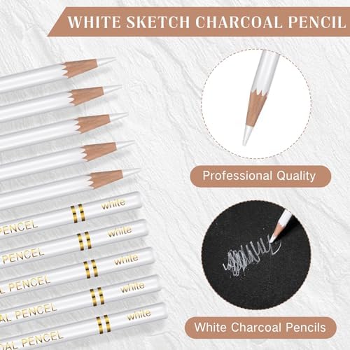 Resurhang 100 Pcs Charcoal Pencils Drawing Set, Charcoal Pencils bulk for Drawing Sketching Shading Blending Portrait Beginners and Artists(White,White Style)