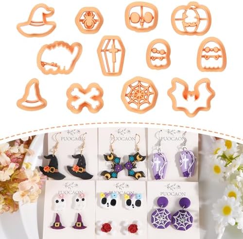 Puocaon Halloween Polymer Clay Cutters - 12 Pcs Witch Wizard Bat Ghost Pumpkin Halloween Clay Cutters for Earrings Jewelry Making