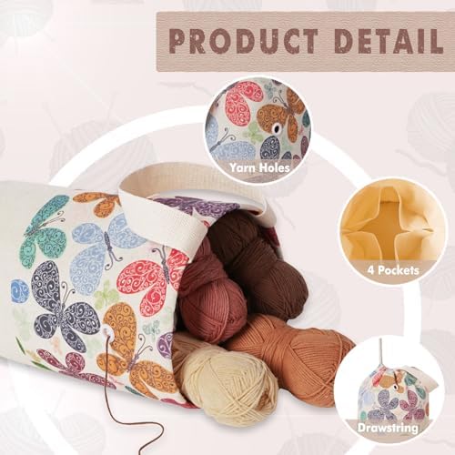 TOGETRUE Yarn Bag, Knitting Crochet Bag, Portable Yarn Storage Bags Organizer for Crocheting Project, Store Skein Ball, Short Knitting Needle (Large, Butterfly)