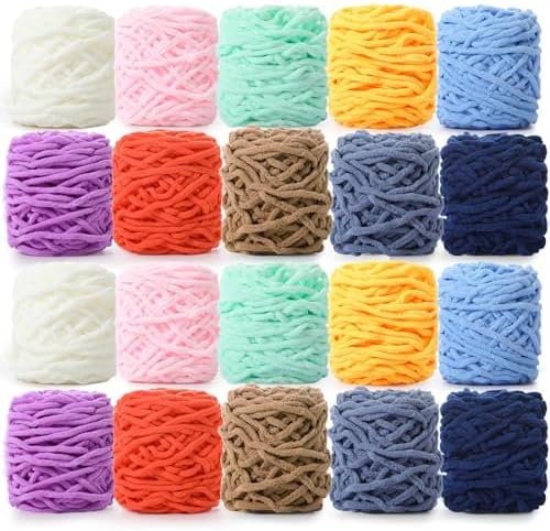 Timgle 20 Skeins Chunky Chenille Yarn for Crocheting 1094 Yards Soft Thick Fluffy Yarn Hand Weaving Bulky for Plush Dolls Knitting Blanket DIY Sweater Scarf Each 55 Yards(Classic Color)