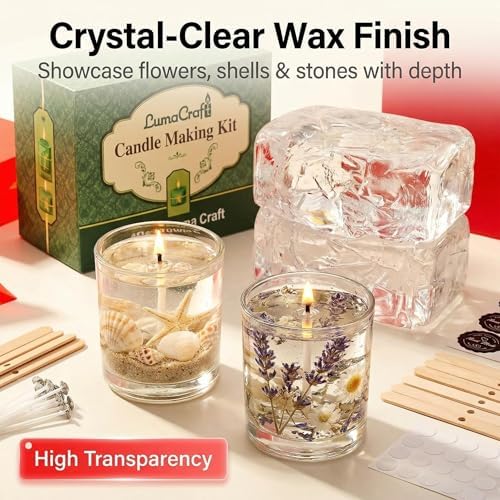 LumaCraft Clear Gel Wax for Candle Making - 4.4LB (2000g) Transparent Jelly Candle Wax with Wicks, Wick Stickers & Holders - Non-Toxic, Unscented DIY Gel Wax for Beginners & Crafters