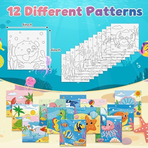 Anseal 12 Packs Pre Drawn Canvas to Paint, 4" X 4" Ocean Pre-Printed Paint Party, Pre Stretched Canvas Outline Painting Boards for Beginners, Party Favor