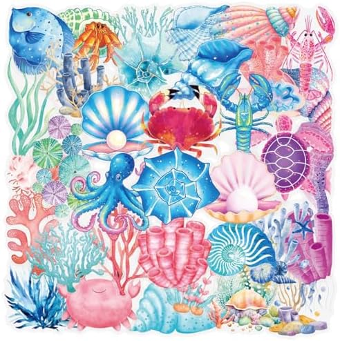 50pcs Ocean Animal Stickers for Laptop Water Bottles, Transparent PET Waterproof Adhesive Fish Conch Decals Under The Sea Marine Life Sticker for Kids Birthday Party Scrapbook Phone (Ocean)