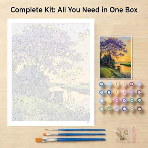 Amphol Paint by Numbers Kit for Adults Beginners - Sunset Cottage DIY Paint by Numbers Kit on Unframed 16"x20" Canvas, Landscape Oil Painting by Number for Wall Decor, Complete Acrylic Paint Set