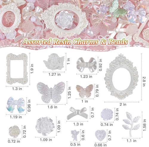 350 Pieces 3D Resin ABS Colorful Rose Flower Bows Butterfly Charms with Flatback Half Round Pearl Beads for Bracelet Earring Necklace Craft DIY Making Supplies