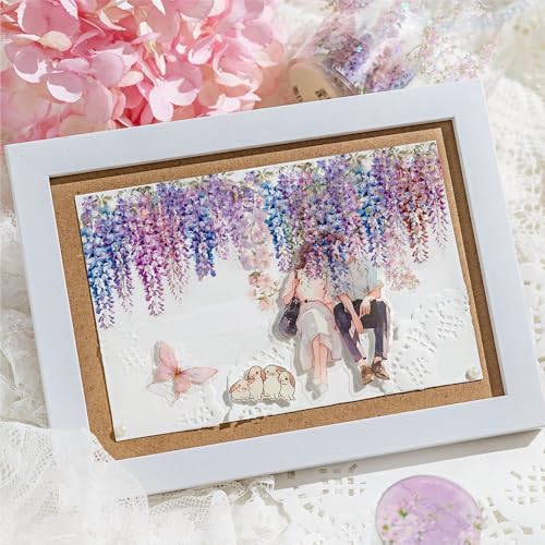 1Roll Spring Floral Washi Tape Vine Glitter Stickers for Scrapbooking, Transparent PET Washi Tapes for Journaling Junk Journal Supplies Flower Scrapbook Tape Decorative Stickers Scrap Booking Supples