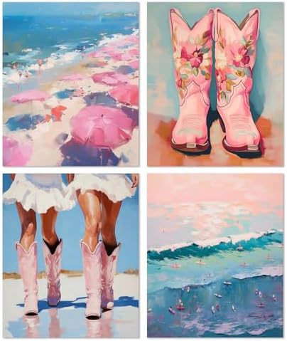 XUNLURY Pink Western Coastal Cowgirl Beach Diamond Art Kits 4 Pack 10x11.8 Inch,Coastal Cowgirl Granddaughter Room Decor,Preppy Ocean DIY Diamond Gem Painting Art Kits for Girls Kids Adults Beginners