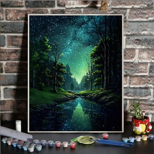 ldazao Starry Night Framed Paint By Numbers Kit for Adults Beginner Forest Adult Paint By Number Artist Kits Canvas DIY Oil Painting for Gift Home Wall Decor 9.5x12 Inch
