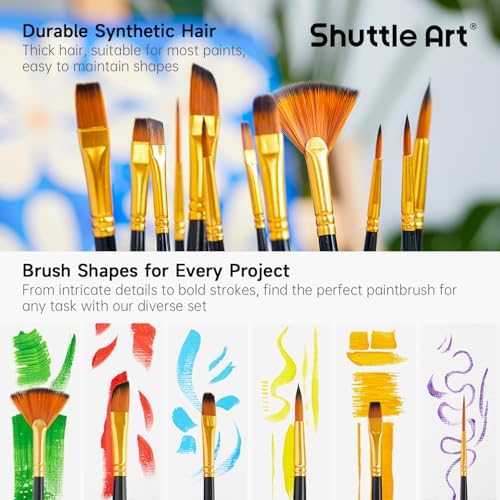 Shuttle Art 12 PCS Paint Brush Set with Case, Assorted Shapes & Sizes for Acrylic, Watercolor, Oil, and Gouache, Perfect Artist Brushes for Kids, Beginners, and Professionals, Ideal for Home or Travel