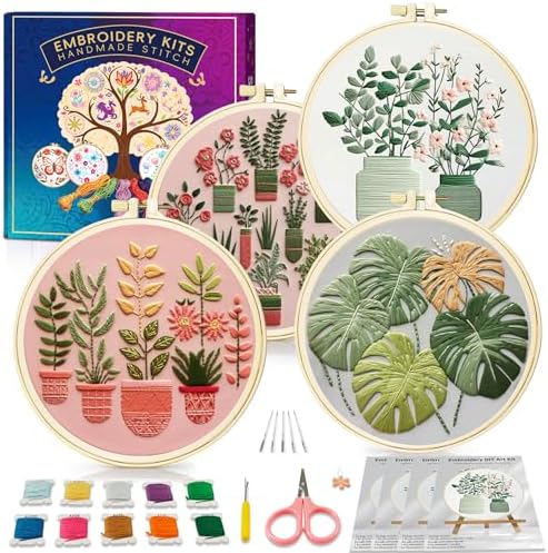 Huacan Embroidery Kit for Adults Beginners with 4 Hoops & Gift Box