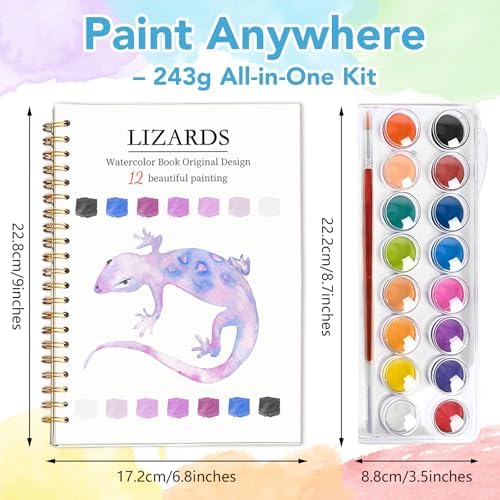 Easy Watercolor Workbook for Beginners - 12 Beautiful Step-by-Step Paintings Water Coloring Book, Includes 16 Colors Paints, Relaxing Art Projects and Creative Gift for Adults & Teen (Lizards)
