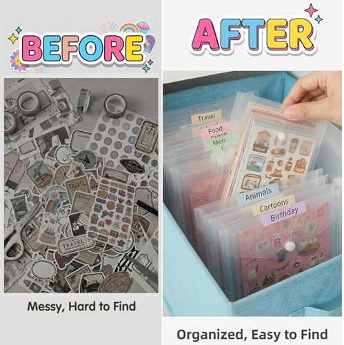 Sticker Organizer, Clear Plastic Envelopes with Snap, 12 Pack Waterproof and Durable for Sticker Storage, Scrapbook Storage, Washi Tape, Scrapbooking & Stamping Supplies (Mixed Sizes)
