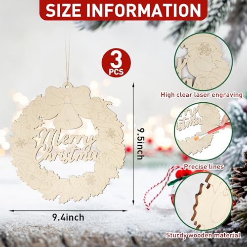 Paintable Christmas Ornaments 3 Sets, Wooden Ornaments to Paint, Unfinished Merry Christmas Wreaths Wood Crafts for Painting, Wood Cutouts DIY Xmas Ornament for Front Door Decor