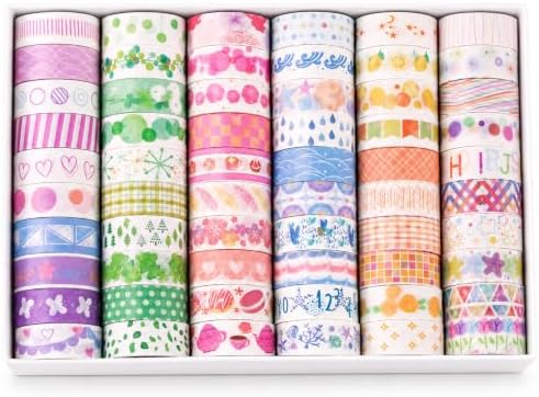 60 Rolls Colorful Washi Tape Set, 0.59 in x 6.56 ft Decorative Paper Tape with Assorted Patterns for Journaling, Scrapbooking, Planners, DIY Crafts and Gift Wrapping