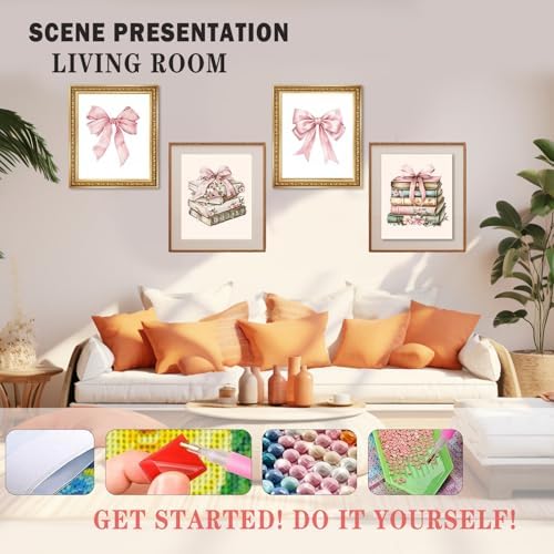 XUNLURY Coquette Pink Bow Book Diamond Art Kits 4 Pcs, Vintage Flower Books Diamond Painting Kits for Adults Girls Beginners, Full Drill Diamonds Dots for Home Decor, 9.8x11.8 Inch
