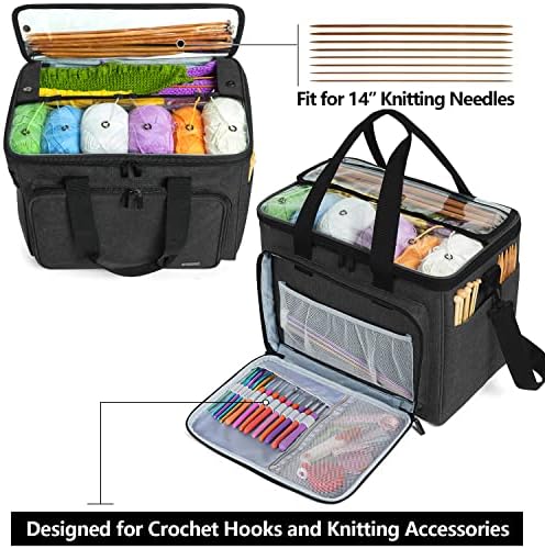Teamoy Knitting Bag, Yarn Storage Organizer Crochet Bag Tote, Black