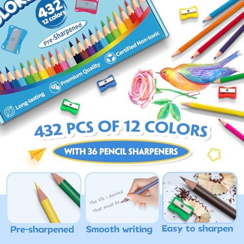 432 Count Colored Pencils Bulk, Color Pencils for Kids Classroom, 12 Colors