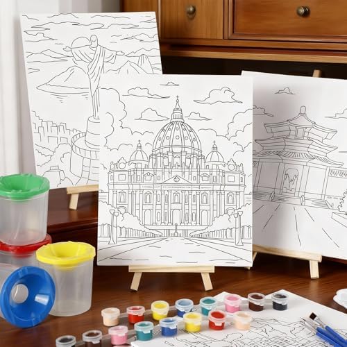 Sherr 140 Pcs 20 Set Pre Drawn Canvas Painting Kit, Landmarks