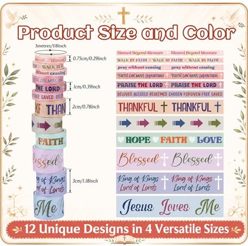 24 Rolls Christian Washi Tape Gifts, Pastel Religious, Multi-Size