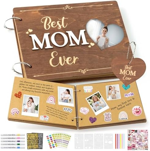CY2SIDE Best Mom Ever Album Scrapbook - Mother’s Day Wooden Scrapbook Craft Kit, DIY Photo Memories Book with 30 Brown Pages Birthday Gift for Mother’s Day, DIY Handmade Scrapbook Gift for Mom Grandma