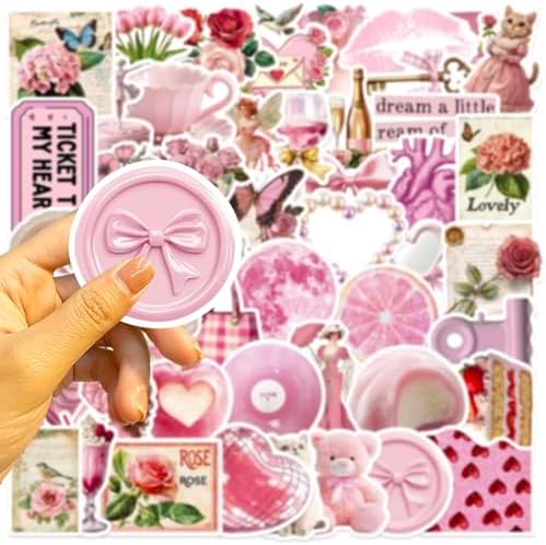 DothRayan 100pcs Vintage Pink Girls Stickers, Y2K Coquette Pink Aesthetic Waterproof Stickers for Water Bottles,Laptop Scrapbook Computer Phone Guitar Aesthetic Decals