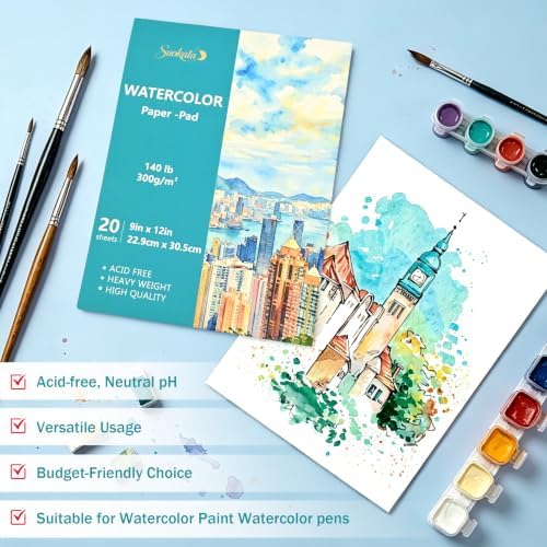Suokata Watercolor Paper Book, 9"x12", 300 GSM Cold Press Texture Paper Pad