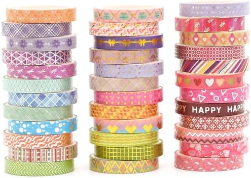 36 Rolls Skinny Washi Tape Set Gold Foil Detailing Arts Adhesive Tapes Basic Patterns Decorative Masking Tape Sets for Craft, Kids, Scrapbook, DIY, Gift Wrapping (Kawaii)