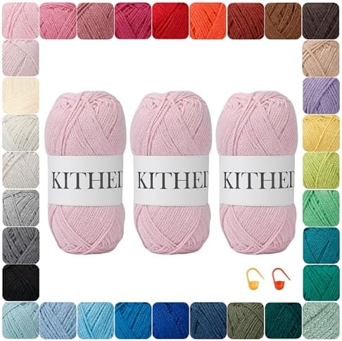 Cotton Chainette Yarn,4 Medium (Worsted)-10oz,3 Pack,Knitting Yarn for Beginners,Thicker for Crocheting and Knitting (08 Light Pink)