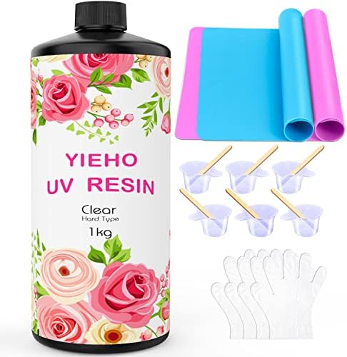 YIEHO 1000g UV Resin -Upgraded Crystal Clear Hard UV Fast Curing Epoxy Resin Supplies with Mat for Craft Jewelry Making 1KG | Hard Type UV Fast Curing Premixed Epoxy Resin Kit for Jewelry Making，Art Crafts, DIY with Silicone Mat 1KG