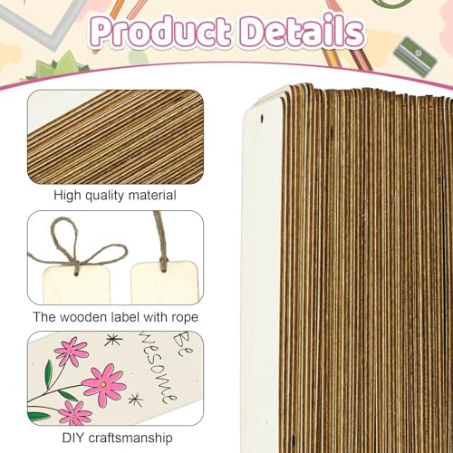 50 Sets 6 x 2 Inch Large Wooden Bookmarks with Holes and Ropes